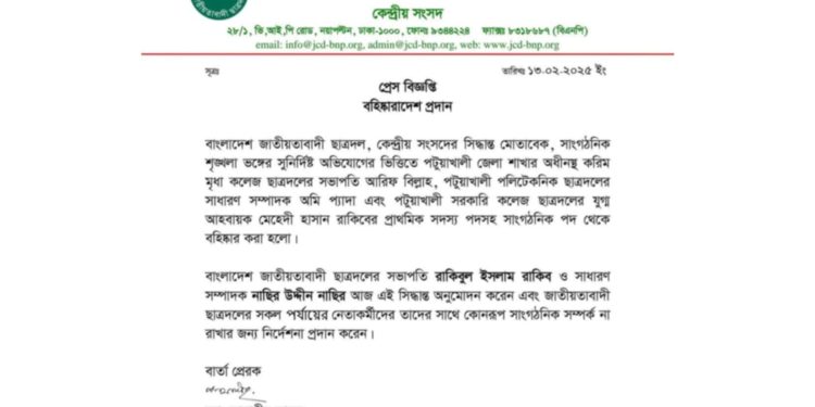 সাংগঠনিক শৃঙ্খলা ভঙ্গের অভিযোগে পটুয়াখালী ছাত্রদলের তিন নেতা বহিষ্কার